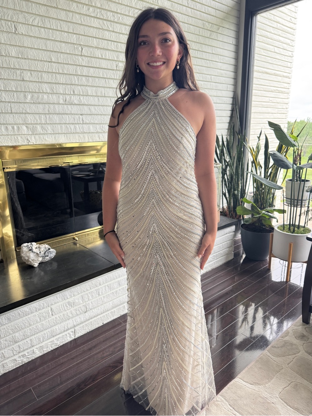 Jovani Beaded Champagne Halter Gown